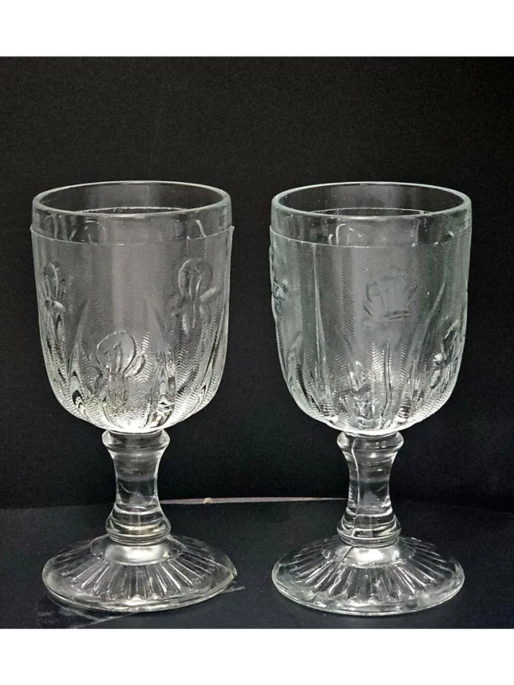 2 Jeanette Iris Port Wine Glasses 3oz Depression glass 1930s floral textured
